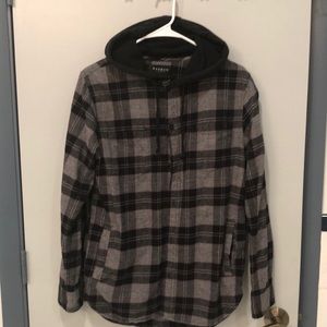 Mens plaid button down shirt with hood